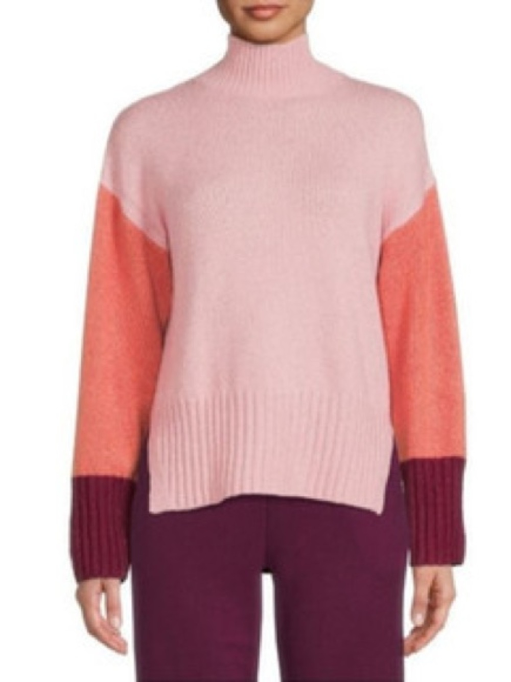💚 Time and Tru Colorblock Mock Neck Sweater XXL Pink Burgundy Oversized